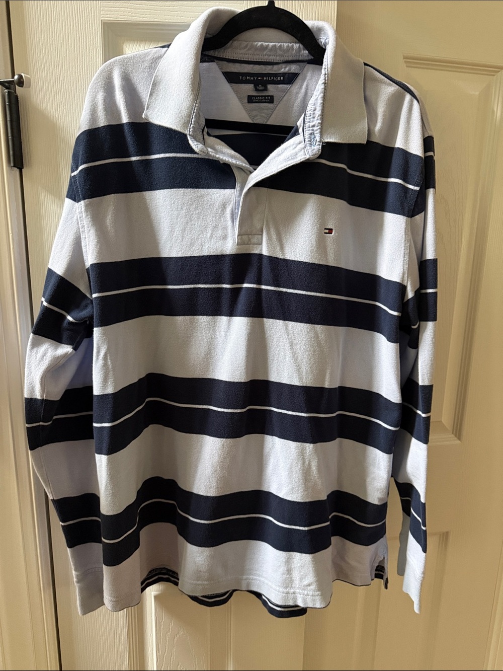 Tommy Hilfiger Men’s Navy and White Striped Rugby Polo